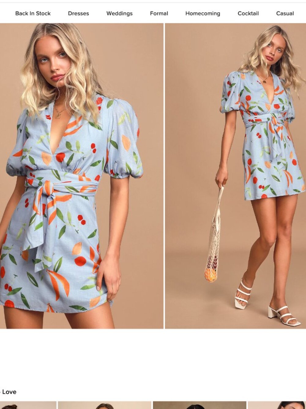 Finders Keepers Calypso Light Blue Fruit Print Puff Sleeve Mini Dress S